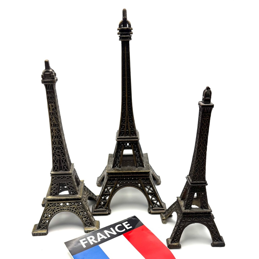 Set of 3 Bronze Metal Eiffel Tower Statues